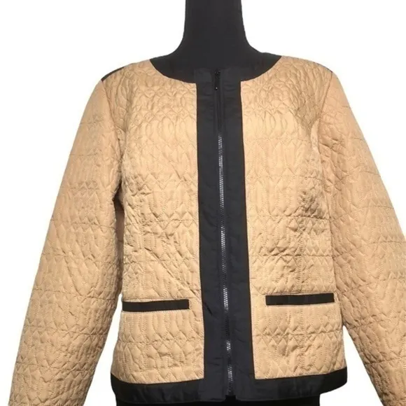 Chico’s Quilted Jacket Colorblock Black &amp; Camel Size Medium NWT