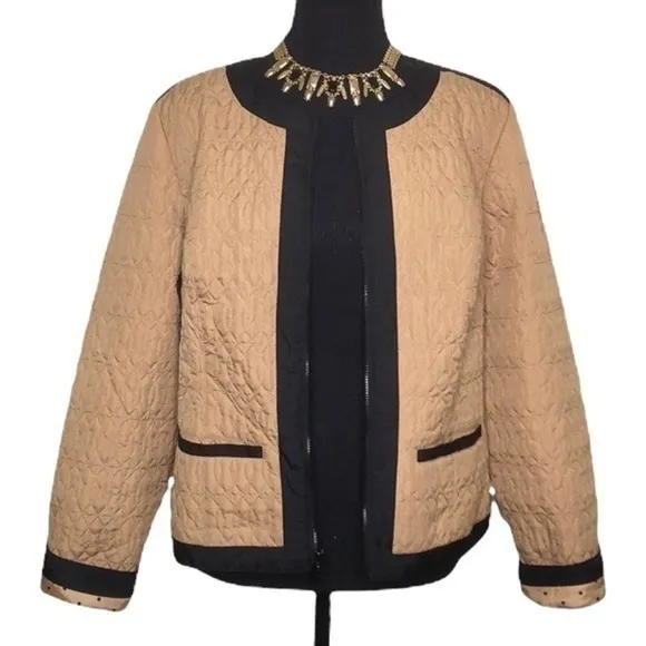 Chico’s Quilted Jacket Colorblock Black &amp; Camel Size Medium NWT