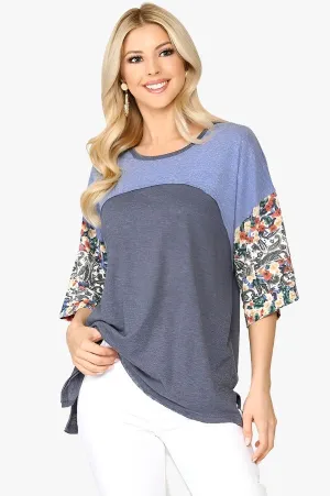 Colorblock Knit And Floral Print Mixed Top With Dolman Sleeve