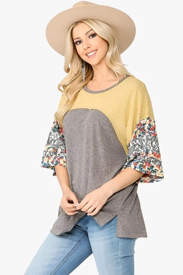 Colorblock Knit And Floral Print Mixed Top With Dolman Sleeve