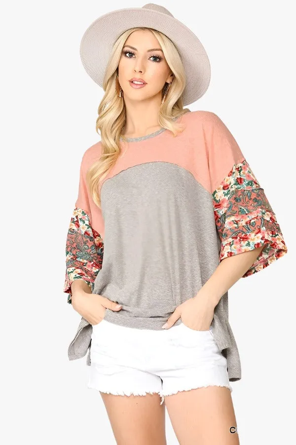 Colorblock Knit And Floral Print Mixed Top With Dolman Sleeve