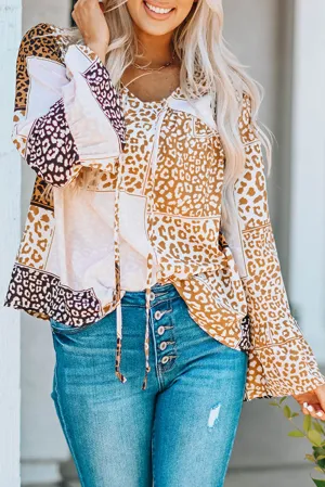 Colorblock Leopard Ribbon Tie Blouse