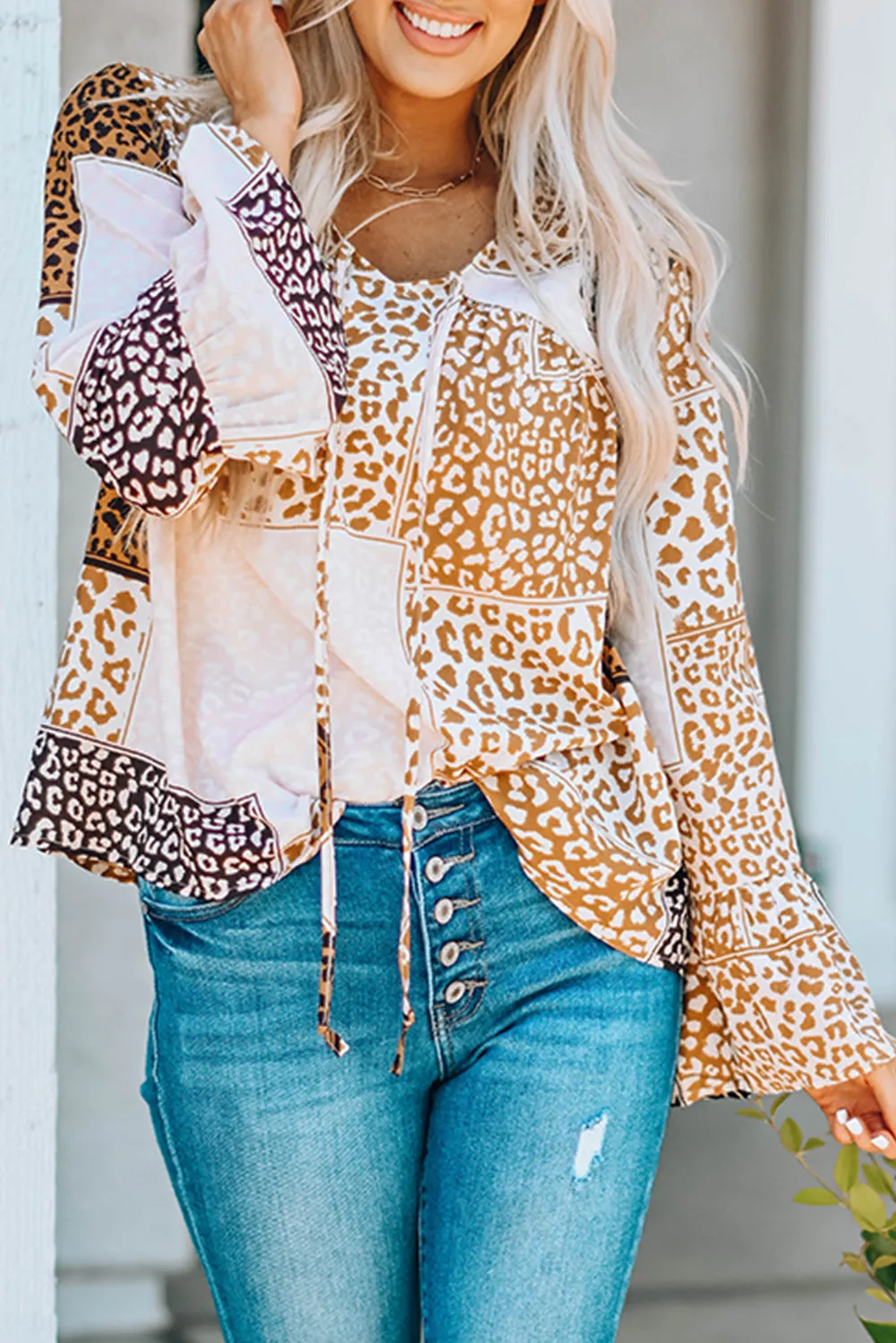 Colorblock Leopard Ribbon Tie Blouse