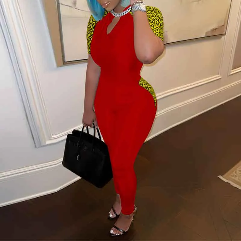 Colorblock Letter Print V-Neck Jumpsuit