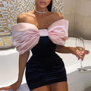 Colorblock Off Shoulder Bowknot Decoration Bodycon Dress