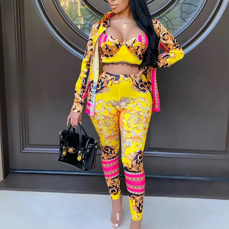 Colorblock Print Long Sleeve Three Piece Set