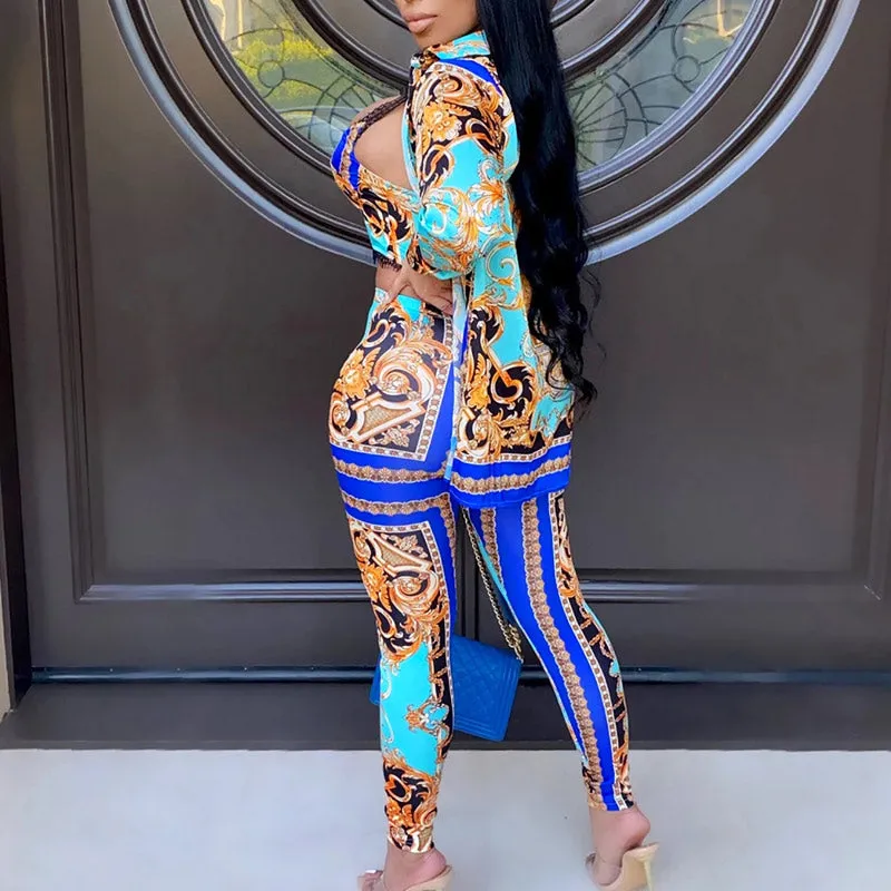 Colorblock Print Long Sleeve Three Piece Set