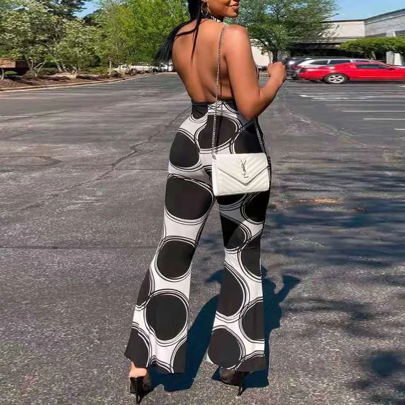 Colorblock Sleeveless Halter Deep V-Neck Jumpsuit