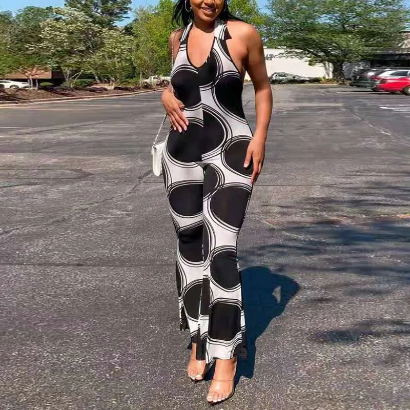 Colorblock Sleeveless Halter Deep V-Neck Jumpsuit