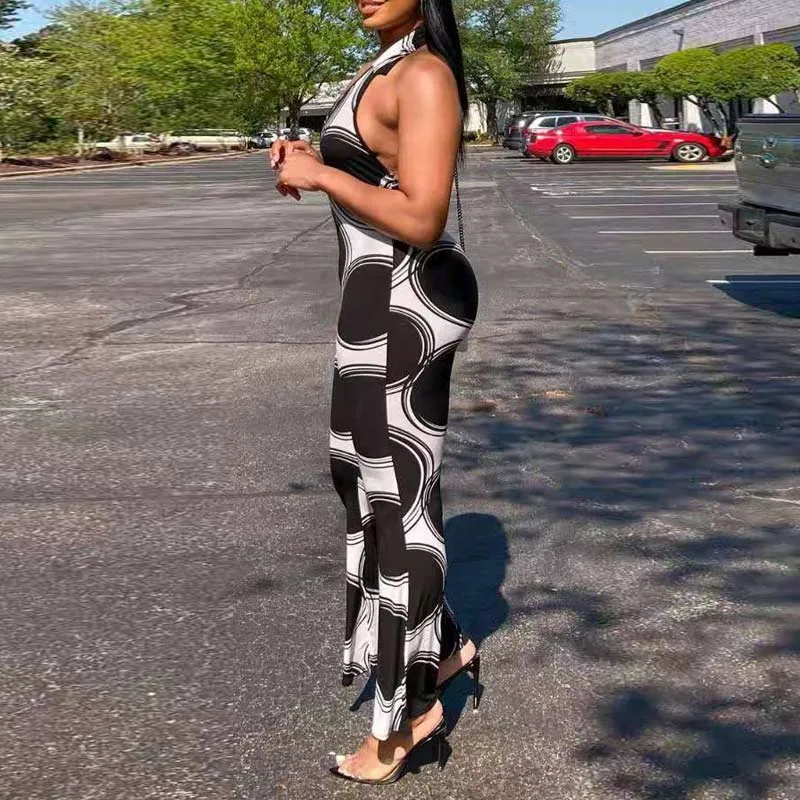 Colorblock Sleeveless Halter Deep V-Neck Jumpsuit