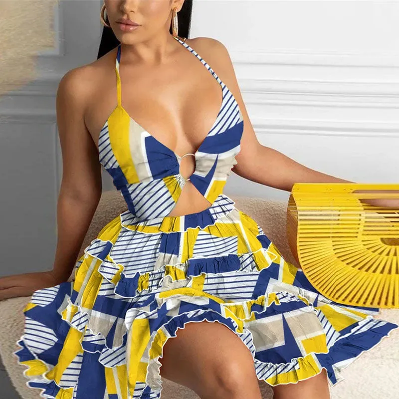 Colorblock Sleeveless Halter Loose Dress