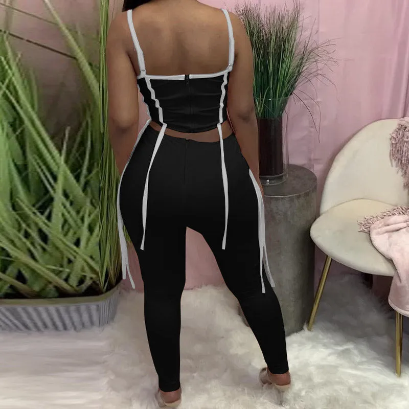 Colorblock Sleeveless Tassel Design Pants Set