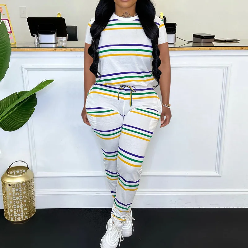 Colorblock Striped 2PCS Pants Set