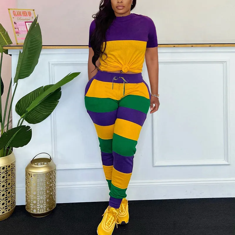 Colorblock Striped 2PCS Pants Set