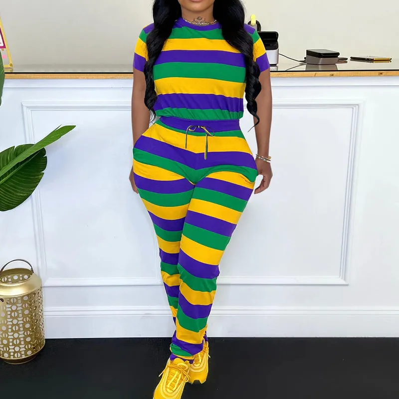 Colorblock Striped 2PCS Pants Set