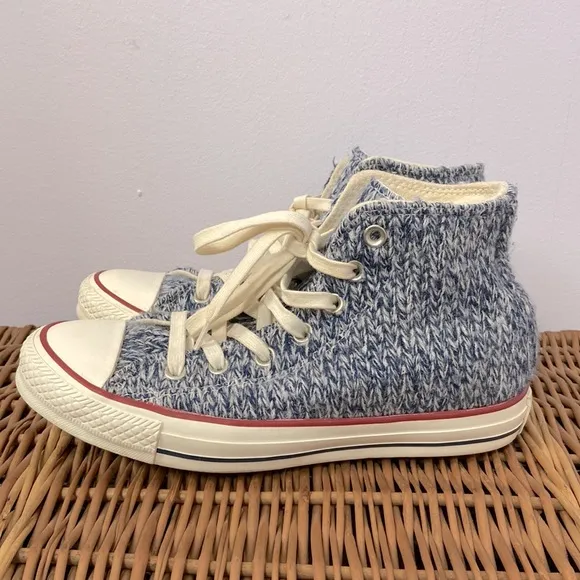 Converse All Star Chuck Taylor Blue &amp; Cream Wool Sweater Knit Hi-Tops Size 7.5
