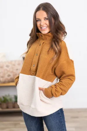 Copper and Beige Sherpa 1/4 Snap Pullover
