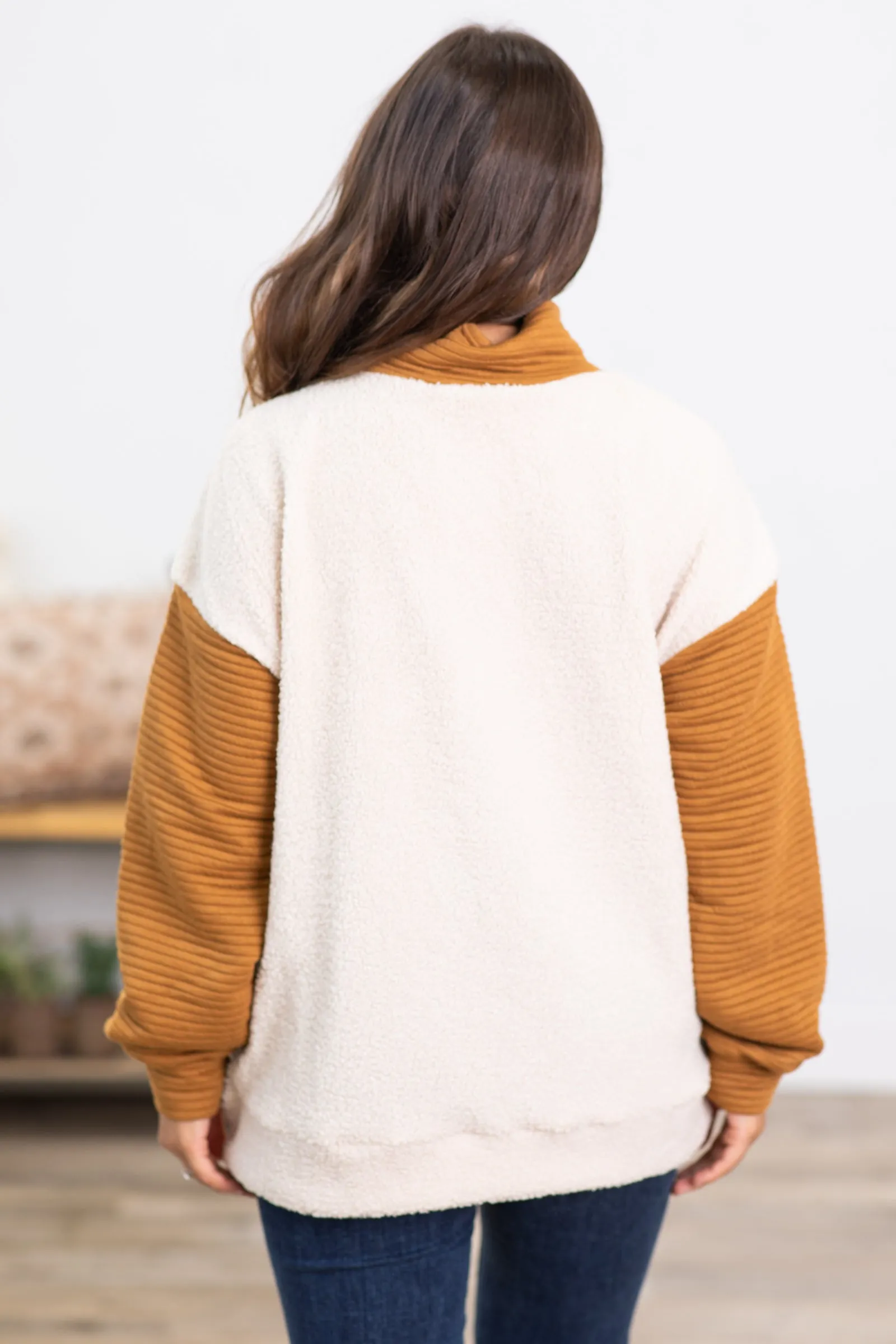 Copper and Beige Sherpa 1/4 Snap Pullover