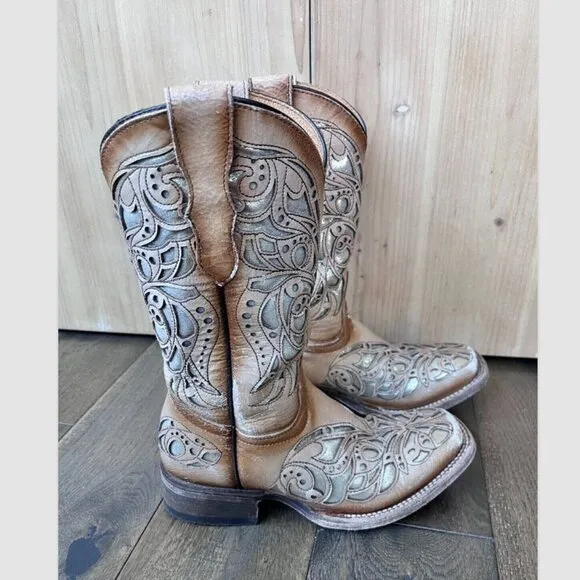 Corral Teen Shiny Inlay Western Boots Square Toe Size 2.5T Leather Cowgirl