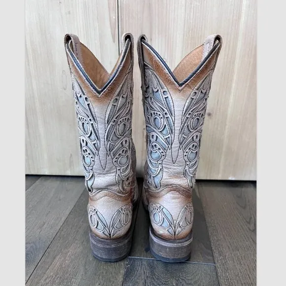Corral Teen Shiny Inlay Western Boots Square Toe Size 2.5T Leather Cowgirl