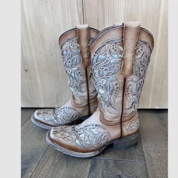 Corral Teen Shiny Inlay Western Boots Square Toe Size 2.5T Leather Cowgirl