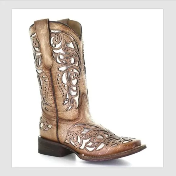 Corral Teen Shiny Inlay Western Boots Square Toe Size 2.5T Leather Cowgirl
