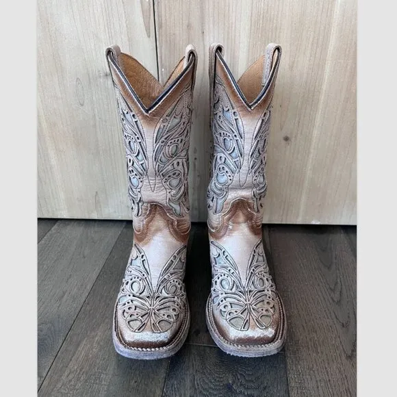 Corral Teen Shiny Inlay Western Boots Square Toe Size 2.5T Leather Cowgirl