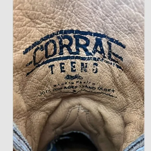 Corral Teen Shiny Inlay Western Boots Square Toe Size 2.5T Leather Cowgirl