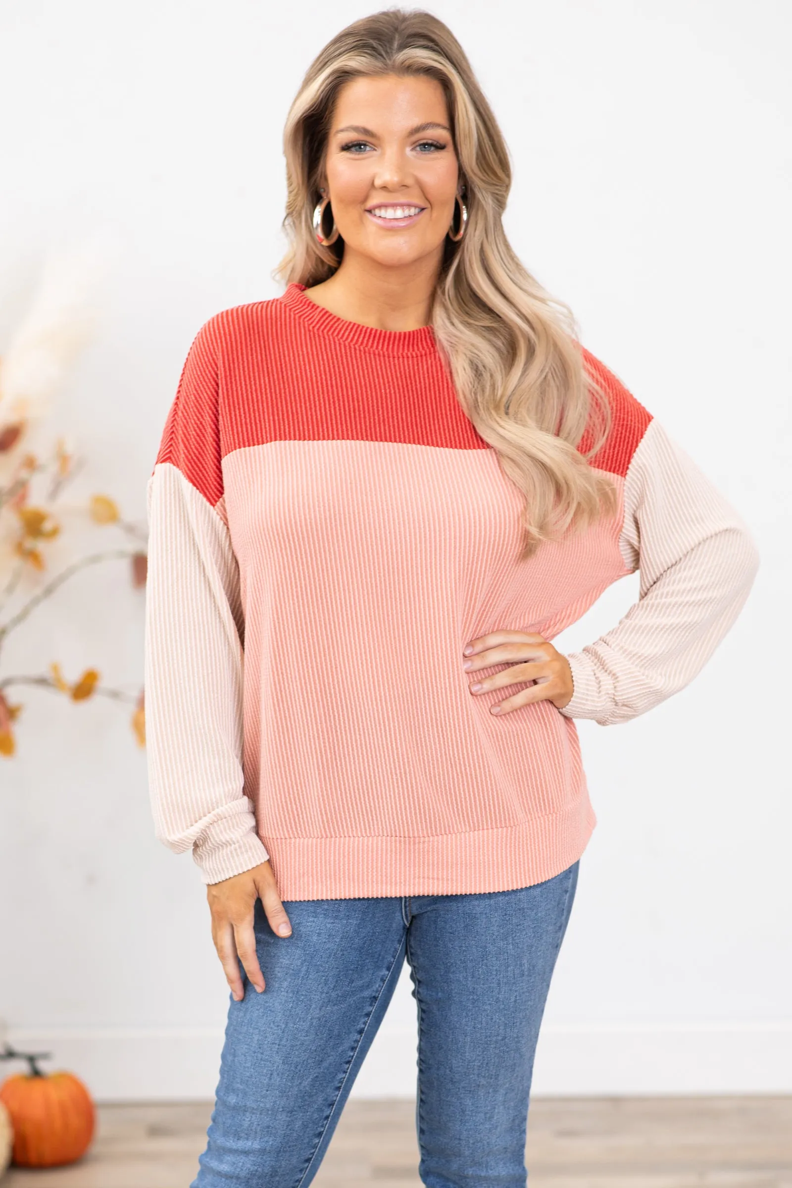 Crimson and Beige Colorblock Top