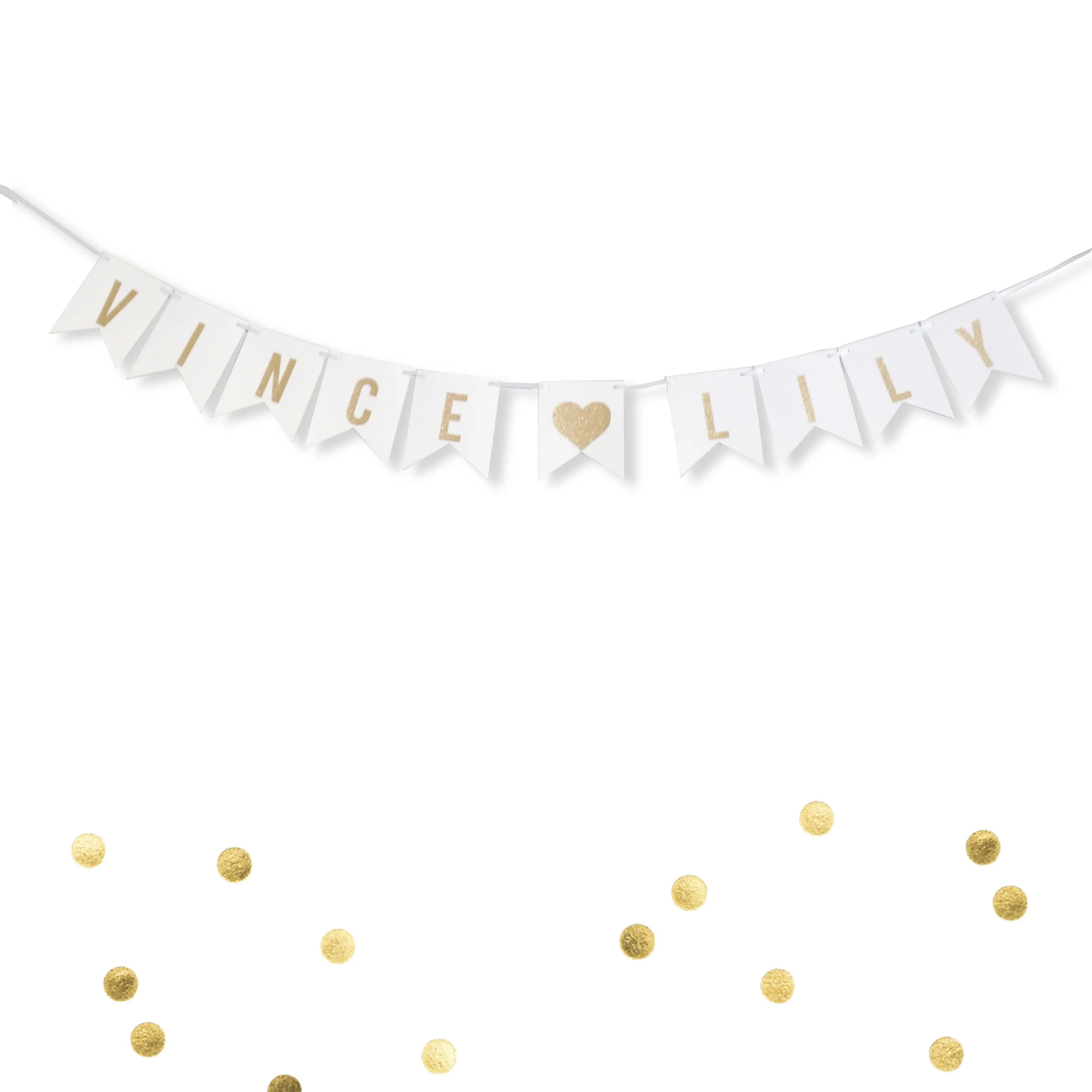 Custom Personalized White and Gold Glitter Bride and Groom Names Wedding Flag Banner, Engagement Photo Prop, Save the Date Thank You White Paper Garland Decoration