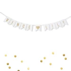Custom Personalized White and Gold Glitter Bride and Groom Names Wedding Flag Banner, Engagement Photo Prop, Save the Date Thank You White Paper Garland Decoration