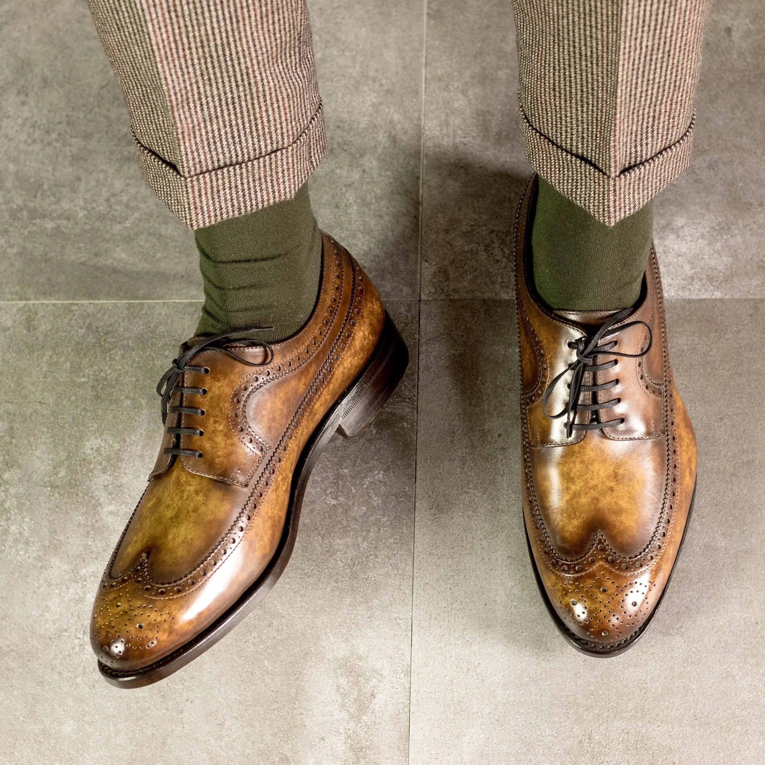 DapperFam Zephyr in Cognac Men's Hand-Painted Patina Longwing Blucher