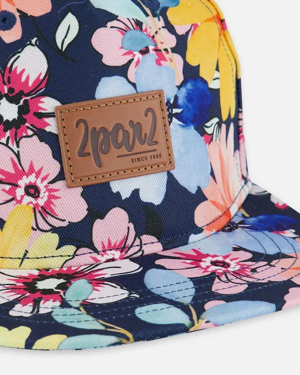 deux par deux Girls Printed Cap - Navy And Yellow And Pink Flowers