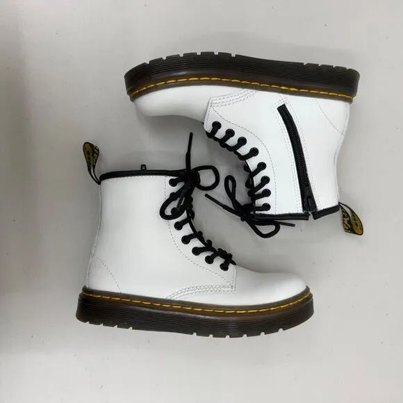 Dr Doc Martens Zavala White Leather Lace Up Side Zip Boots Shoes Girls size 12