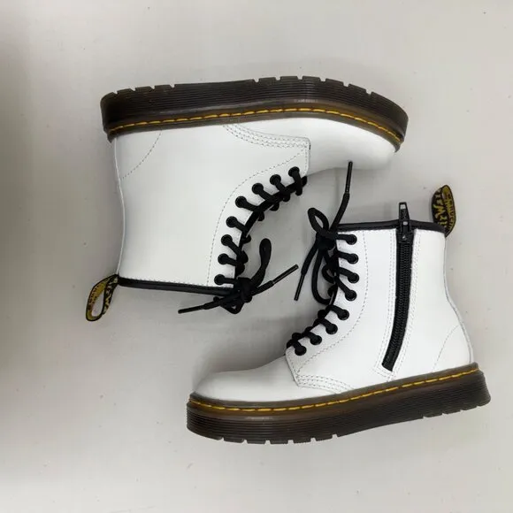 Dr Doc Martens Zavala White Leather Lace Up Side Zip Boots Shoes Girls size 12