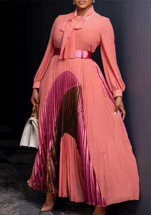 Elegant Tie-Neck Colorblock Pleated Maxi Dress with Belt
