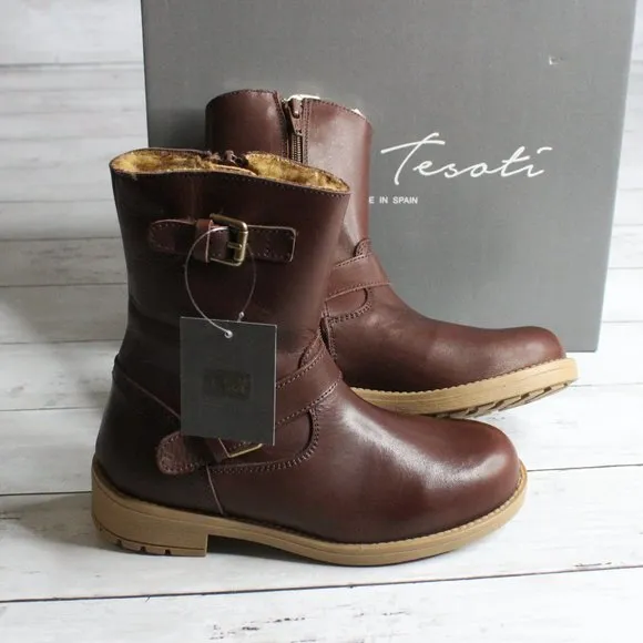 Enzo Tesoti Spain Girl's Brown Leather Buckle Dress Boots Faux Fur