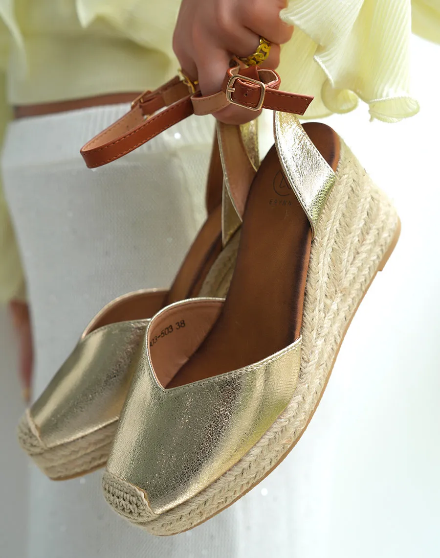 Espadrilles compensées femme dorées avec lanière ajustable camel