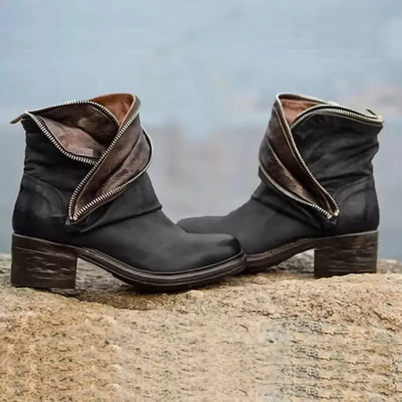 European and American Women's Fashionable Short Boots - Artificial PU Material, Belt Buckle Design