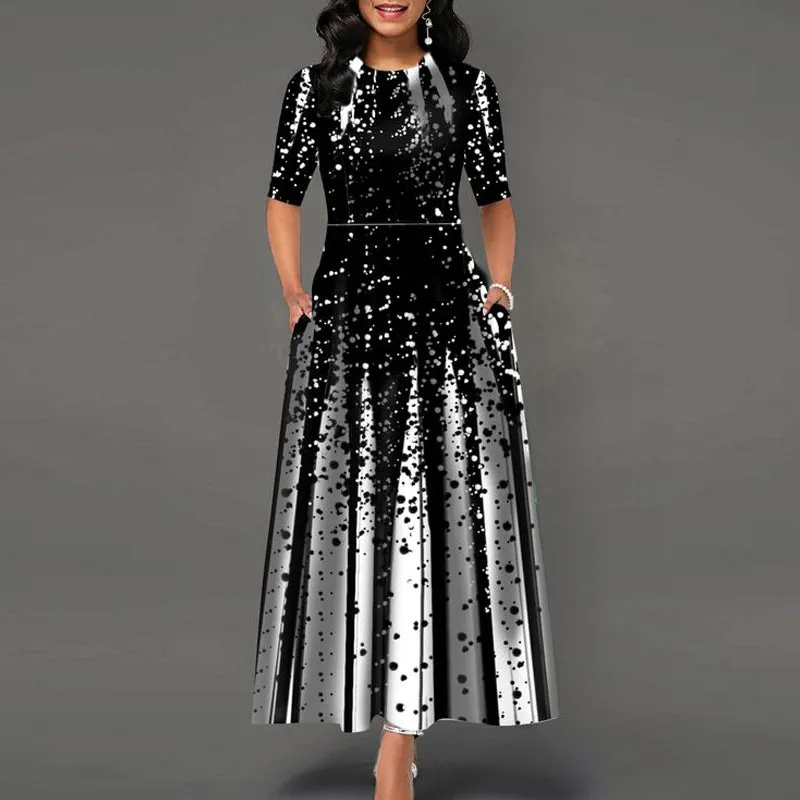 Fashion Print Round Neck Half Sleeve Maxi Dress