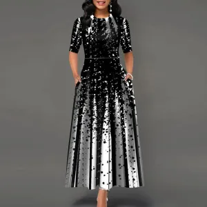 Fashion Print Round Neck Half Sleeve Maxi Dress
