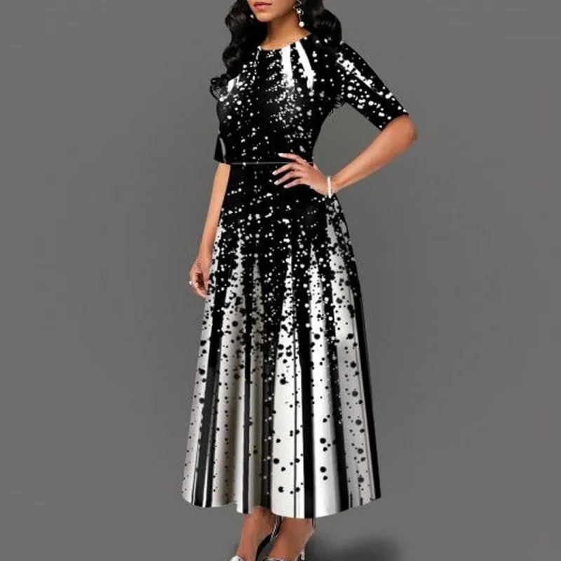 Fashion Print Round Neck Half Sleeve Maxi Dress