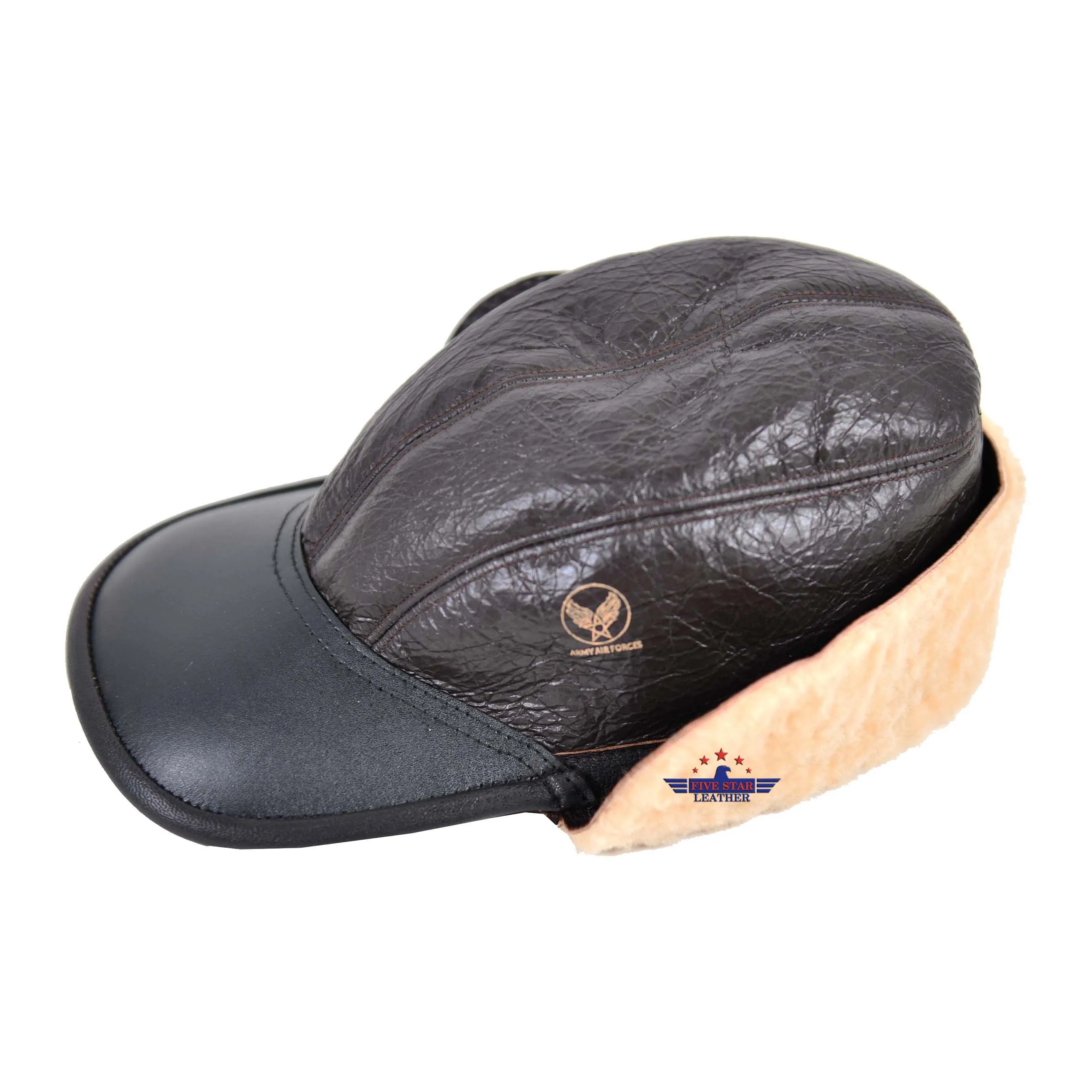 FiveStar Leather USAAF B2 Flight Aviator Sheepskin Leather Cap