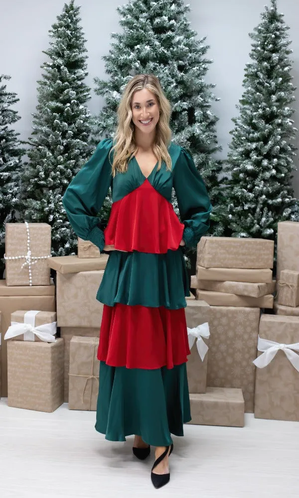 Flashy Satin Tiered Maxi