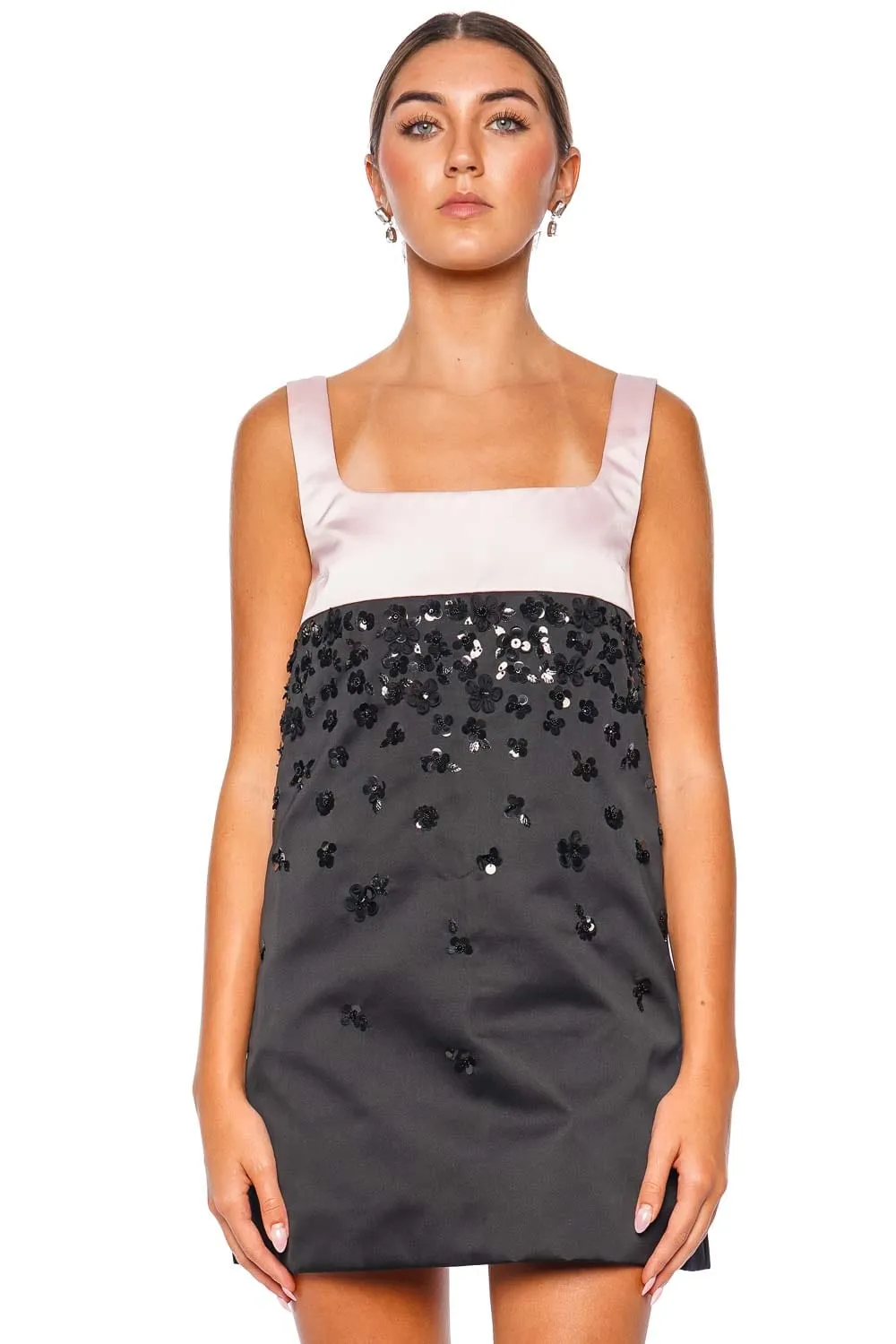 Floral Embellished Sleeveless Satin Mini Dress