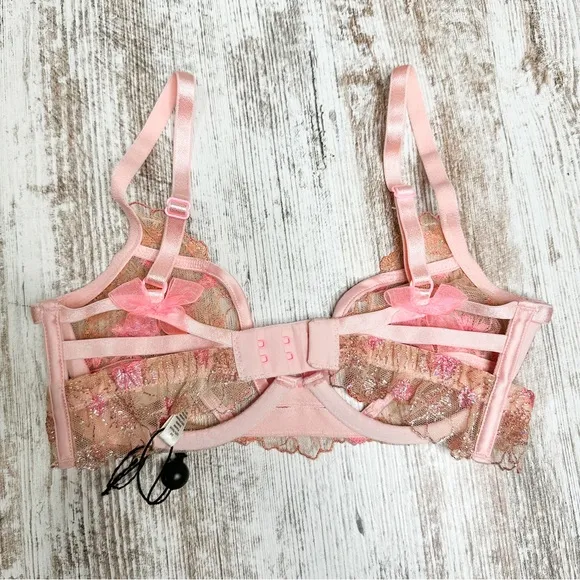 For Love &amp; Lemons New Pink Floral Glitter Bra Size XXS