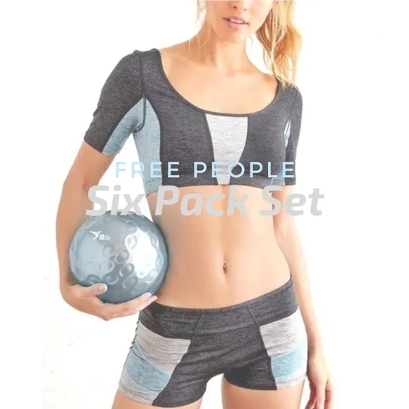 Free People Movement 2pc &quot;Six Pack&quot; Colorblock‎ Set Top Short Gray Blue