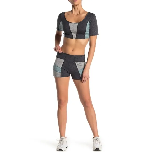 Free People Movement 2pc &quot;Six Pack&quot; Colorblock‎ Set Top Short Gray Blue