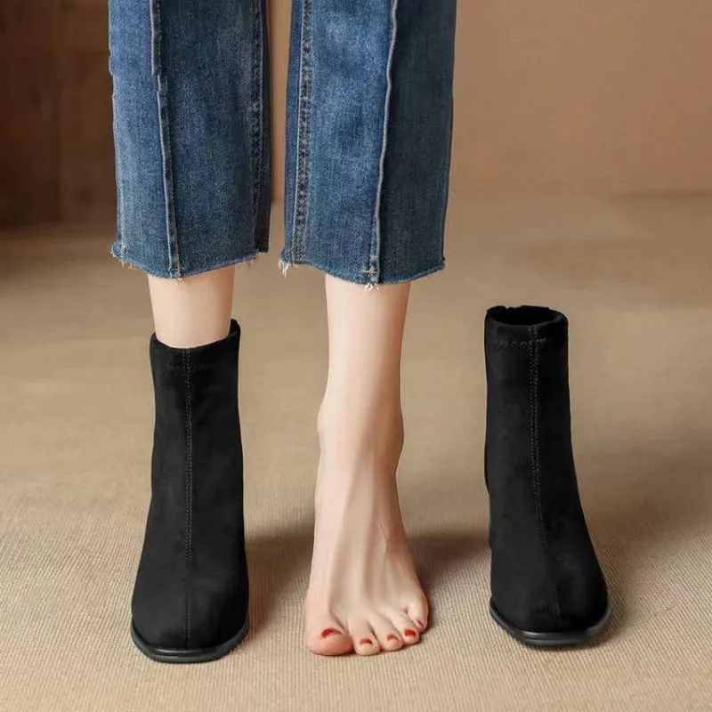 French Style Suede Boots Chunky Heel Thin Women's