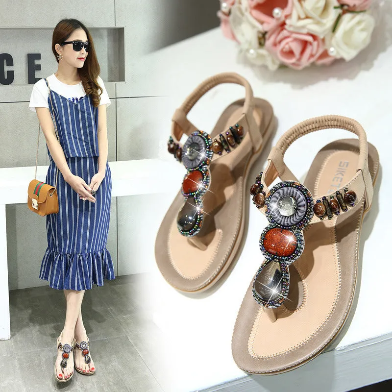 Gemstone and Metal Stretchy Ankle Strap Sandals